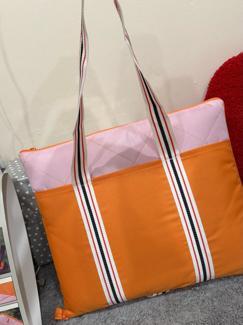 Hunter Pink and Orange Striped-Handle Outdoor Blanket Tote